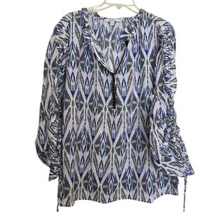 Chico's Black White Green Embellished Beads Blouse with Ruffle Detail